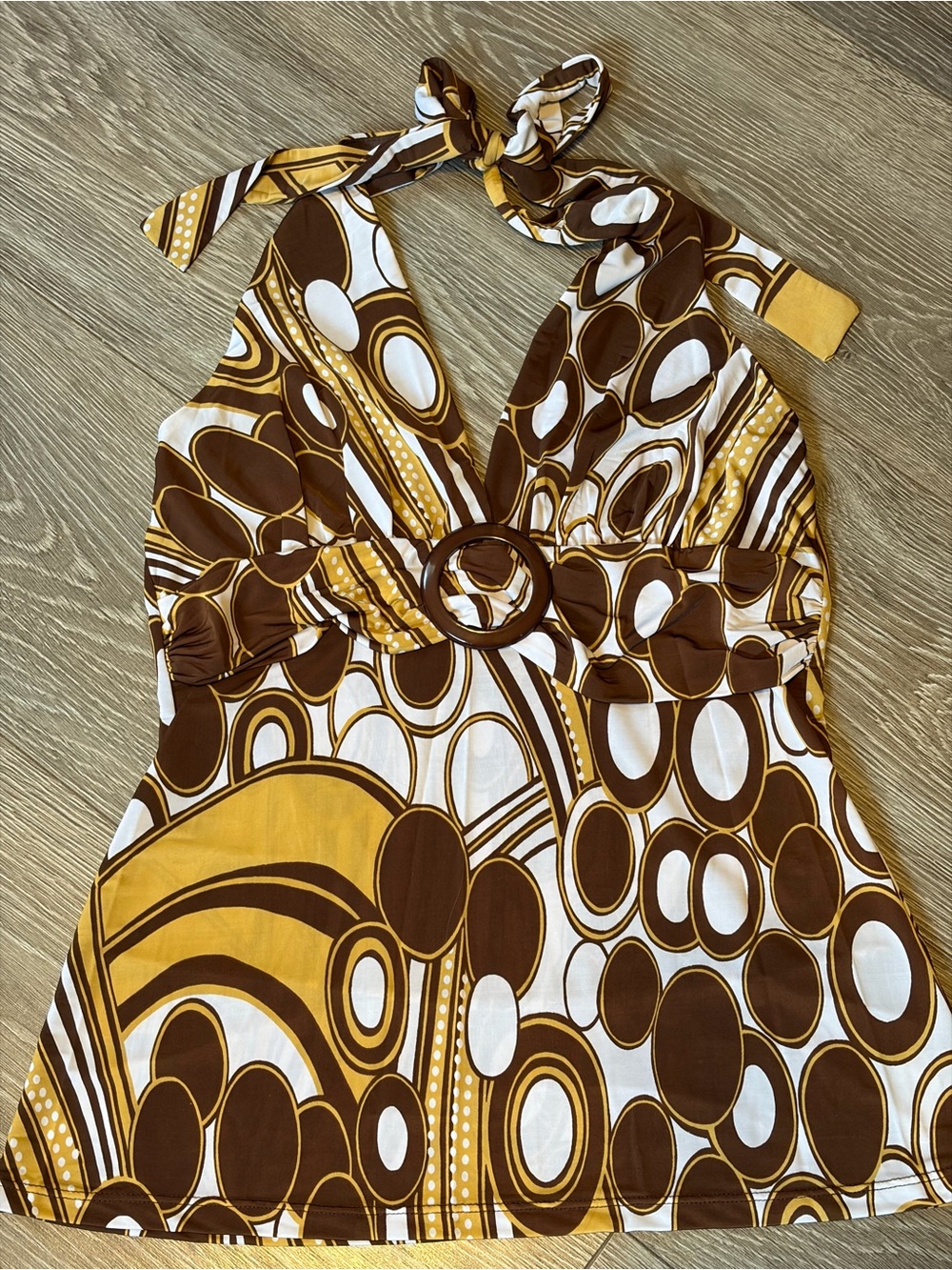 ✨VTG✨ Y2K Halter Neck Brown & Mustard Print Women's Babydoll Top
